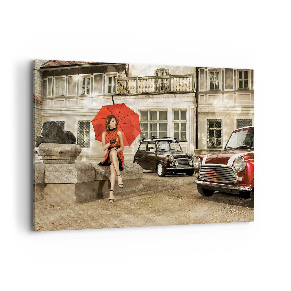 Impression sur toile - Image sur toile - Femme avec un parapluie rouge par des voitures classiques - 120x80cm - Un mini-voyage sentimental - Décoration murale moderne pour le salon et la chambre ARTTOR