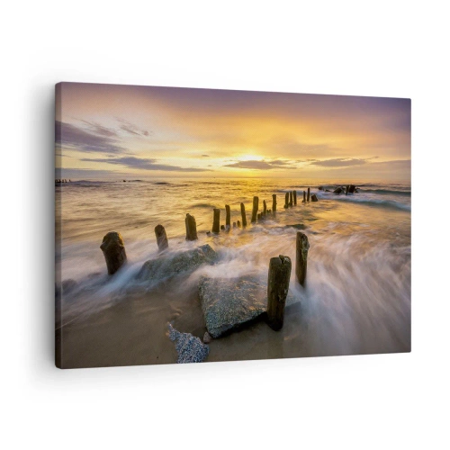 Impression sur toile - Image sur toile - Coucher de soleil sur la mer avec les vestiges d'une ancienne jetée - 70x50cm - La beauté brute de la mer Baltique - Décoration murale moderne pour le salon et la chambre ARTTOR