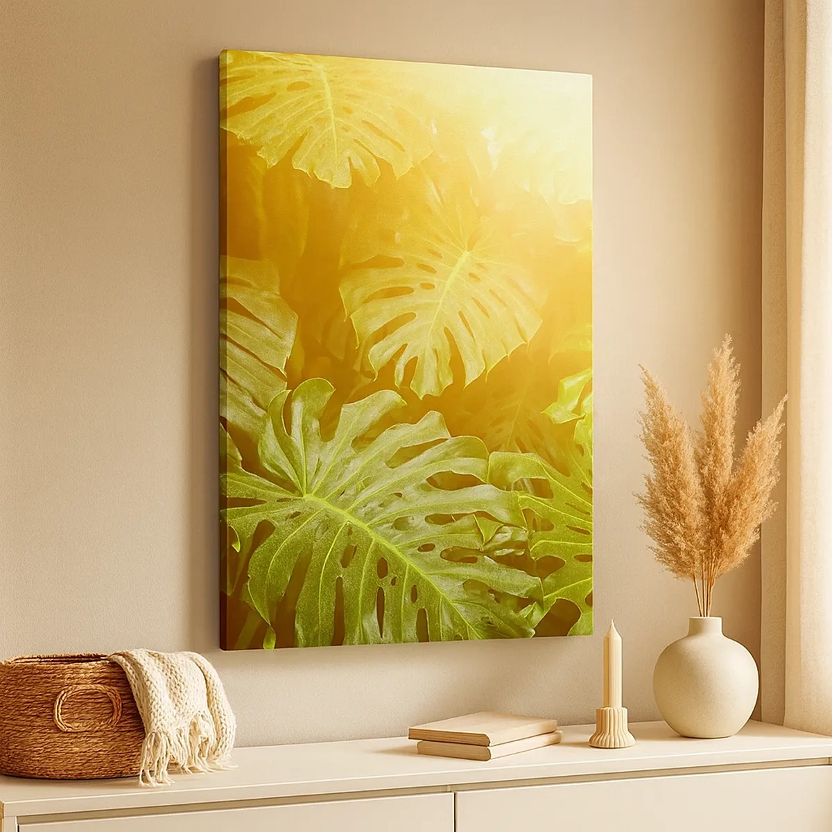 Impression sur toile - Image sur toile - Feuilles de Monstera au soleil sur fond naturel - 50x70cm - Se fondre dans la verdure - Décoration murale moderne pour le salon et la chambre ARTTOR