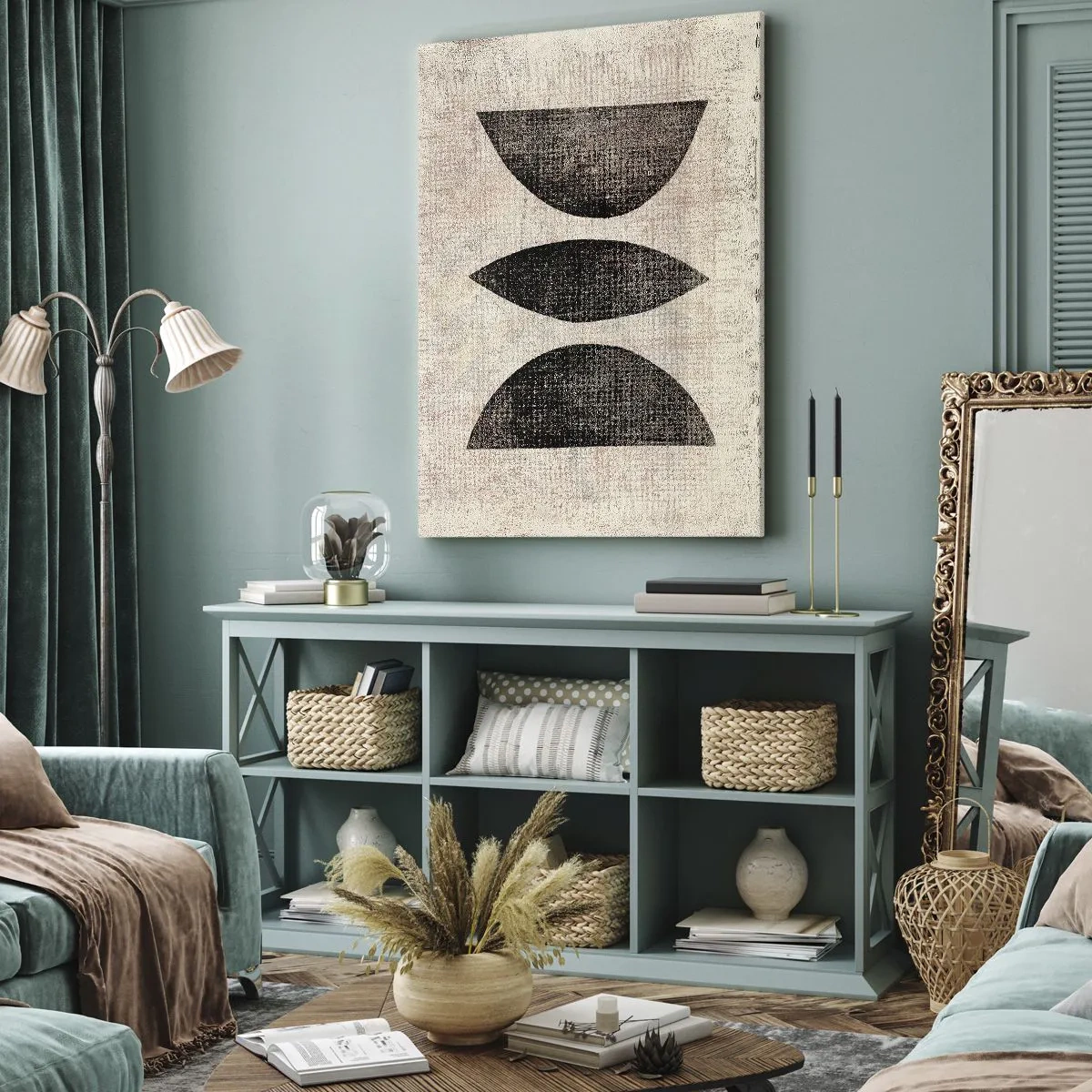 Impression sur toile - Image sur toile - Formes ethniques aux tons sombres sur fond clair - 50x70cm - Abstraction ethnique - Décoration murale moderne pour le salon et la chambre ARTTOR