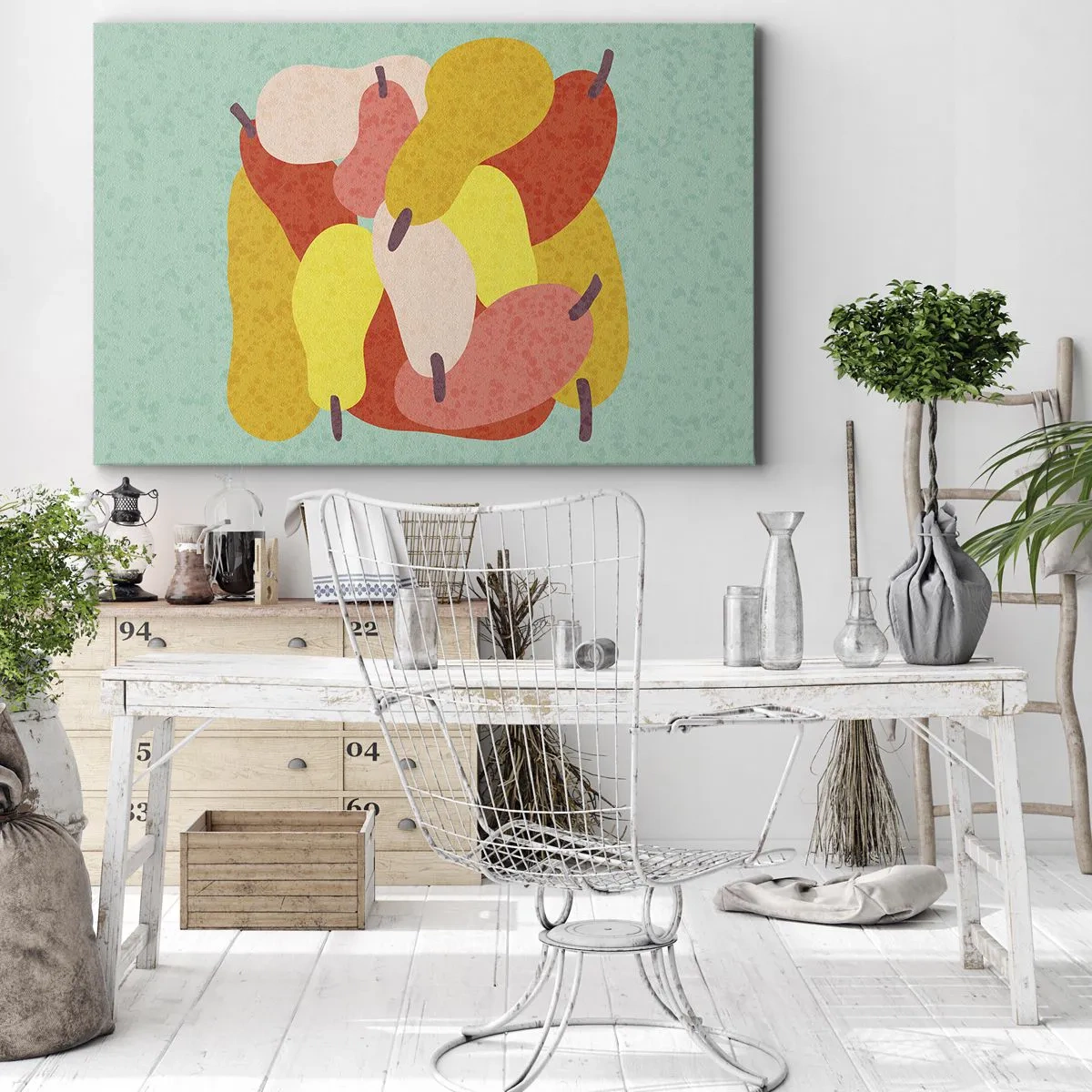 Impression sur toile - Image sur toile - Poires abstraites colorées sur fond vert - 100x70cm - Essayez le soleil d'été - Décoration murale moderne pour le salon et la chambre ARTTOR