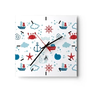 Horloge murale - Pendule murale - Motif nautique avec ancres, navires et crabes - 30x30cm - Conte de fées de la mer - Décoration murale moderne pour le salon et la chambre ARTTOR