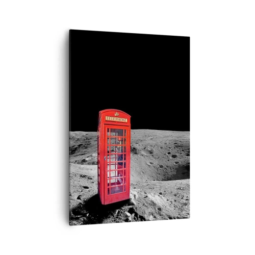 Impression sur toile - Image sur toile - Cabine téléphonique rouge sur la lune - 70x100cm - Une blague cosmique - Décoration murale moderne pour le salon et la chambre ARTTOR