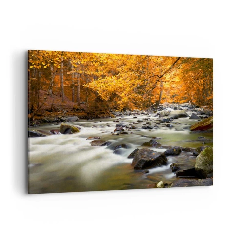 Impression sur toile - Image sur toile - Un ruisseau dans une forêt d'automne entouré de feuilles dorées - 100x70cm - Un ruisseau dans une forêt dorée - Décoration murale moderne pour le salon et la chambre ARTTOR