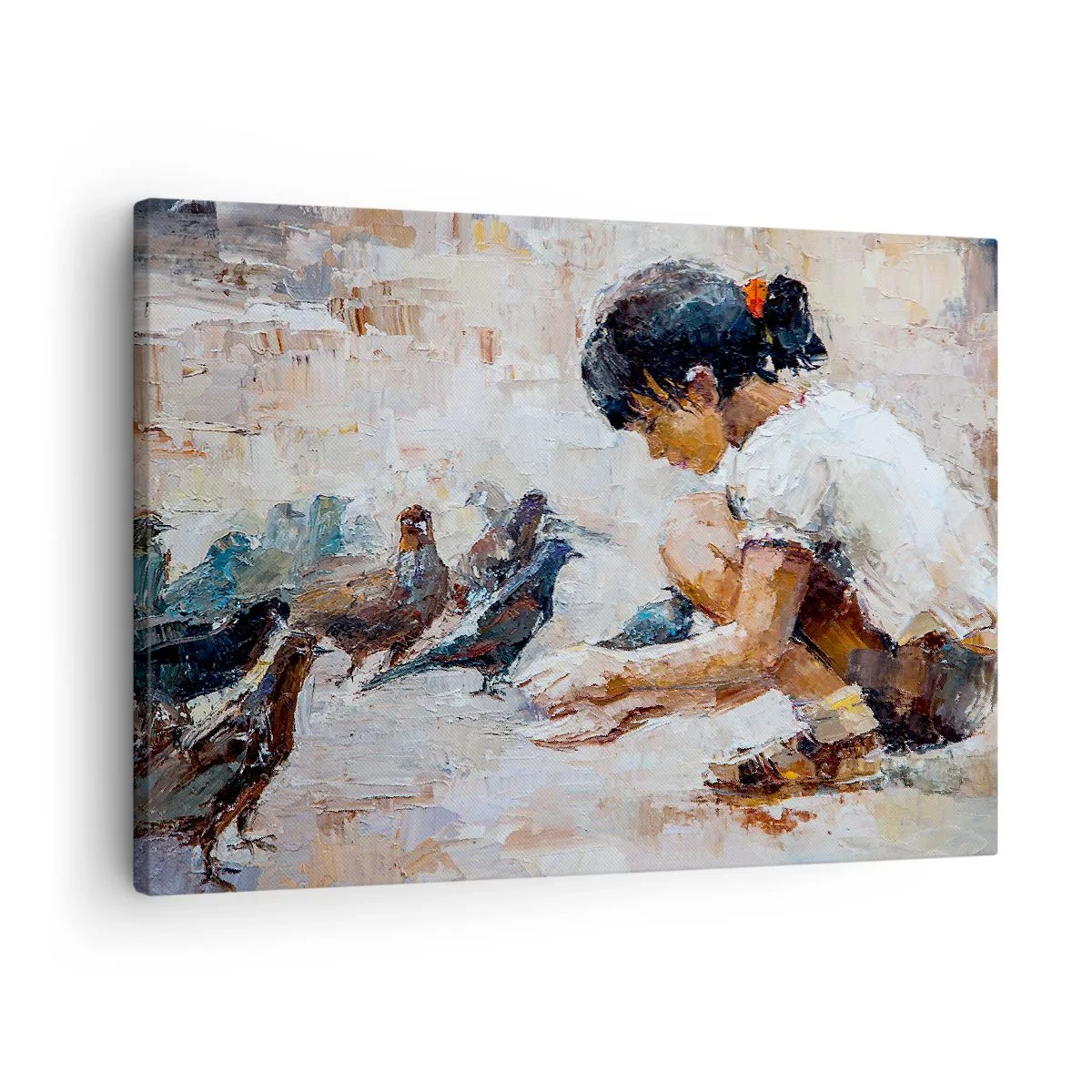 Impression sur toile - Image sur toile - Une fille nourrissant des oiseaux dans un style pictural - 70x50cm - Les plus petits et les plus gentils - Décoration murale moderne pour le salon et la chambre ARTTOR