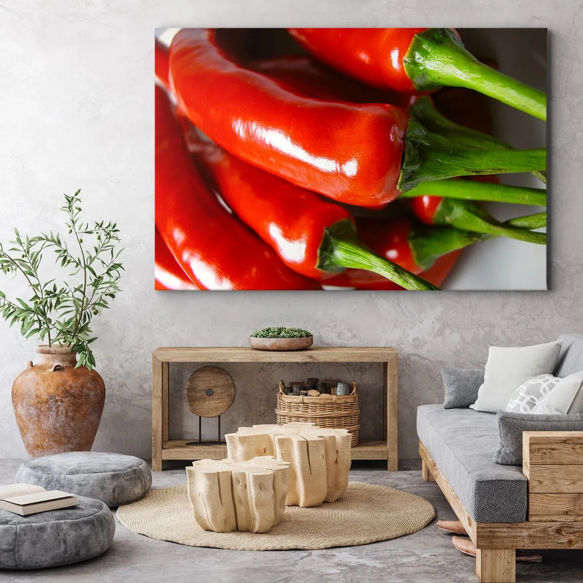 Impression sur toile - Image sur toile - Gros plan de piments rouges avec des tiges vertes - 70x50cm - Juteux, brillant, lisse - Décoration murale moderne pour le salon et la chambre ARTTOR