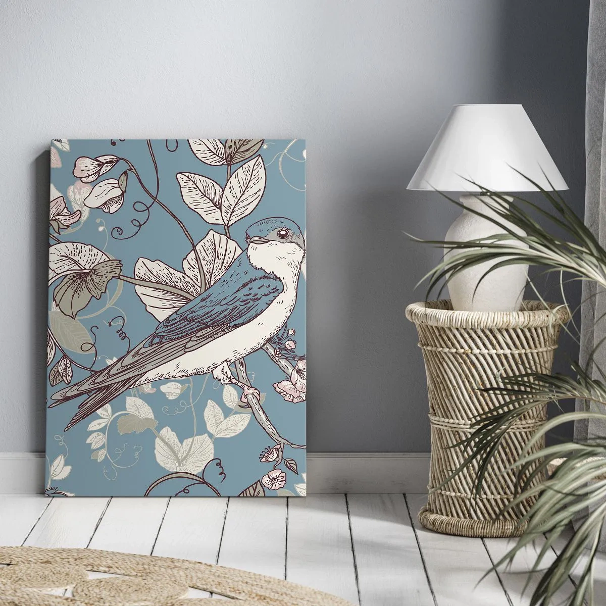 Impression sur toile - Image sur toile - Un oiseau sur une branche dans un style floral délicat - 80x120cm - Dans le bois blanc du rouge et de l'argent - Décoration murale moderne pour le salon et la chambre ARTTOR