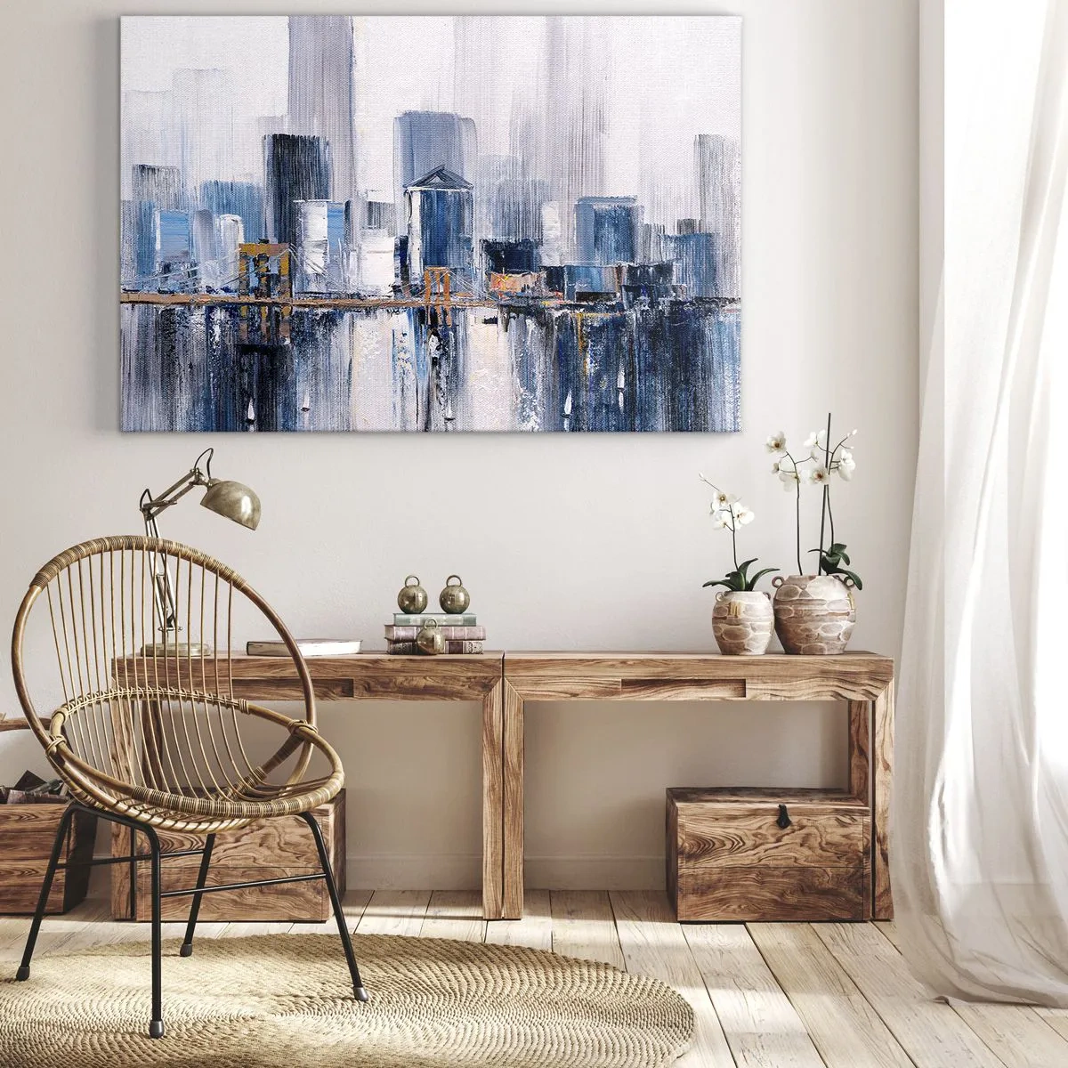 Impression sur toile - Image sur toile - Panorama urbain abstrait avec des nuances de bleu et de jaune - 120x80cm - Impression new-yorkaise - Décoration murale moderne pour le salon et la chambre ARTTOR