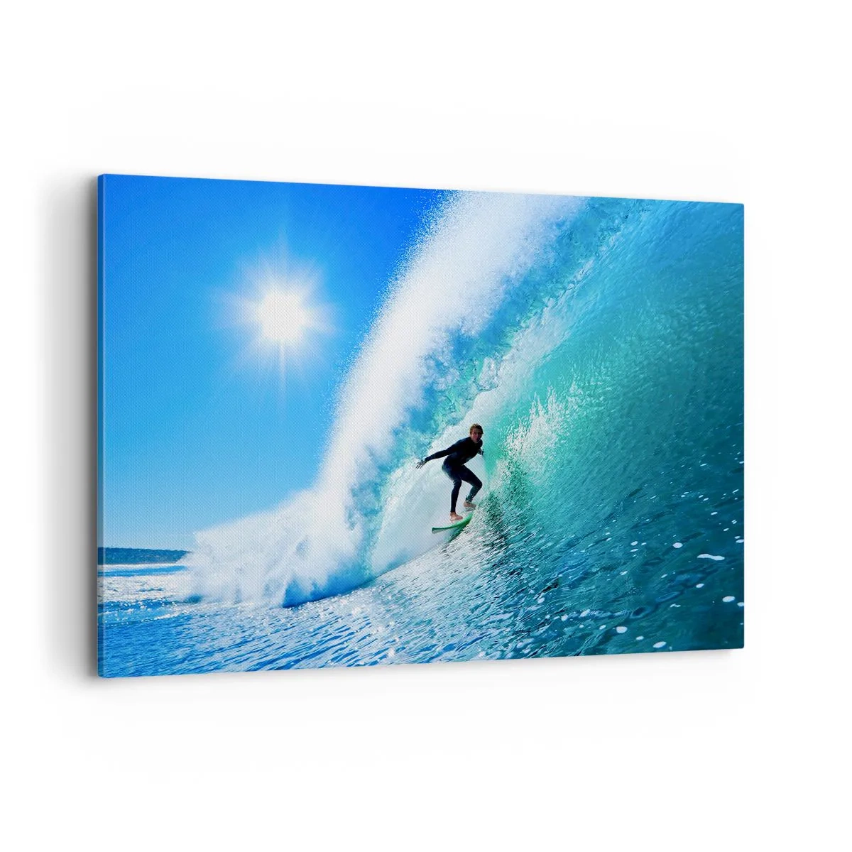 Impression sur toile - Image sur toile - Un surfeur sur une planche chevauche une vague puissante sous un ciel bleu. - 120x80cm - A travers le grand ciel bleu - Décoration murale moderne pour le salon et la chambre ARTTOR