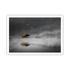 Affiche - Poster - Un chalet solitaire sur l'eau entouré de brouillard et d'oiseaux - 100x70cm - A l'abri de la pluie - Décoration murale moderne pour le salon et la chambre ARTTOR