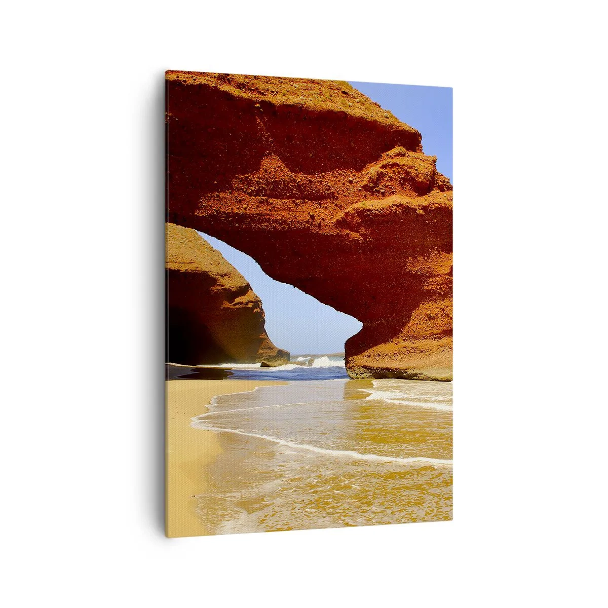 Impression sur toile - Image sur toile - Une arche rocheuse naturelle sur une plage avec un ciel bleu et des vagues - 70x100cm - L'eau et le vent depuis des milliers d'années - Décoration murale moderne pour le salon et la chambre ARTTOR