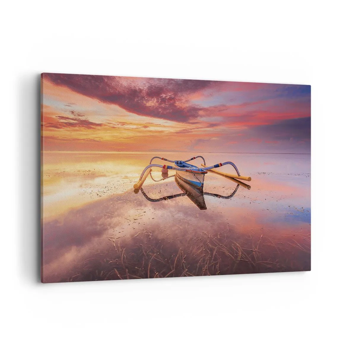 Impression sur toile - Image sur toile - Un bateau sur une eau calme au coucher du soleil - 100x70cm - Le calme d'une soirée tropicale - Décoration murale moderne pour le salon et la chambre ARTTOR