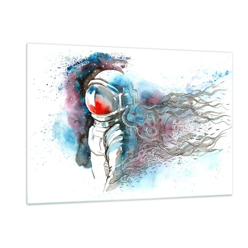 Impression sur verre - Image sur verre - Astronaute dans un décor spatial aquarelle dynamique - 120x80cm - Seul avec l'espace - Décoration murale moderne pour le salon et la chambre ARTTOR