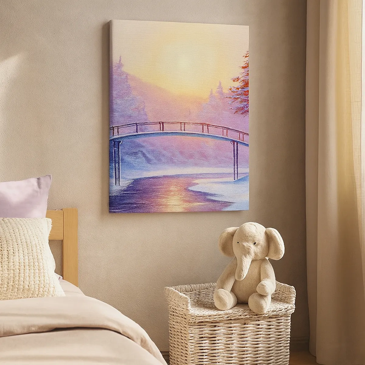 Impression sur toile - Image sur toile - Paysage d'hiver avec un pont illuminé par le coucher du soleil - 50x70cm - Quatre saisons - hiver - Décoration murale moderne pour le salon et la chambre ARTTOR