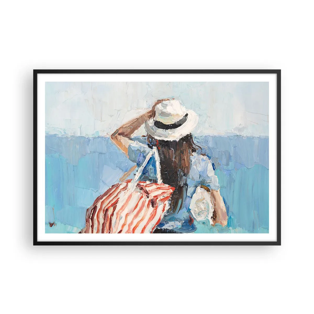 Affiche dans un cadre noir - Poster - Une femme avec un chapeau contre la mer bleue - 100x70cm - Bienvenue à vos vacances - Décoration murale moderne pour le salon et la chambre ARTTOR