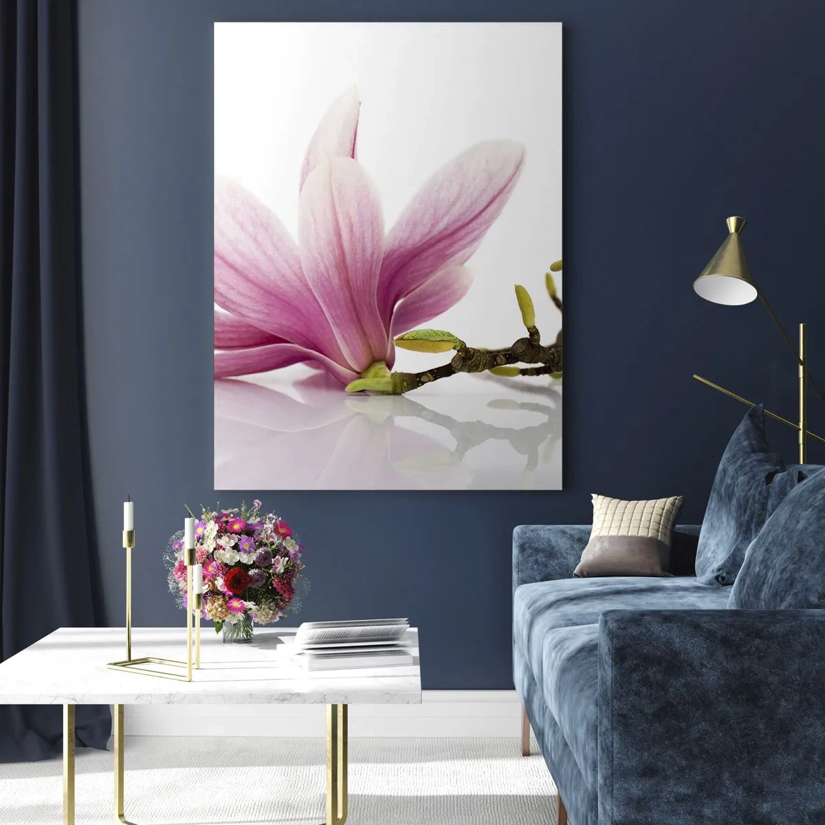 Impression sur verre - Image sur verre - Magnolias roses délicats sur fond blanc - 70x100cm - Délicat comme une brise de printemps - Décoration murale moderne pour le salon et la chambre ARTTOR