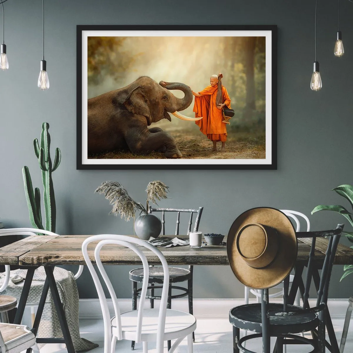 Affiche dans un cadre noir - Poster - Un moine et un éléphant en harmonie avec la nature en toile de fond - 100x70cm - Rencontre en voyageant - Décoration murale moderne pour le salon et la chambre ARTTOR