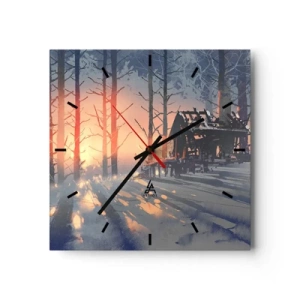 Horloge murale - Pendule murale - Un chalet forestier dans un paysage hivernal avec les rayons du soleil couchant - 30x30cm - Seul le soleil regarde ici - Décoration murale moderne pour le salon et la chambre ARTTOR