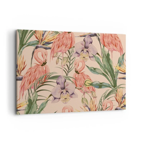 Impression sur toile - Image sur toile - Flamants roses et fleurs tropicales sur fond clair - 120x80cm - Ballet rose dans les fleurs - Décoration murale moderne pour le salon et la chambre ARTTOR