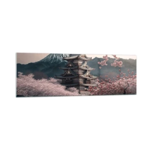 Impression sur verre - Image sur verre - Un temple japonais entouré de cerisiers en fleurs et de montagnes - 160x50cm - Le pays des cerisiers en fleurs - Décoration murale moderne pour le salon et la chambre ARTTOR