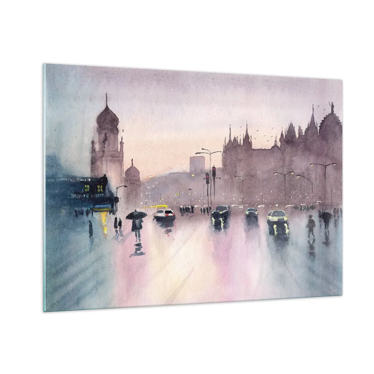 Impression sur verre - Image sur verre - Paysage urbain pluvieux - 100x70cm - Dans une brume pluvieuse - Décoration murale moderne pour le salon et la chambre ARTTOR