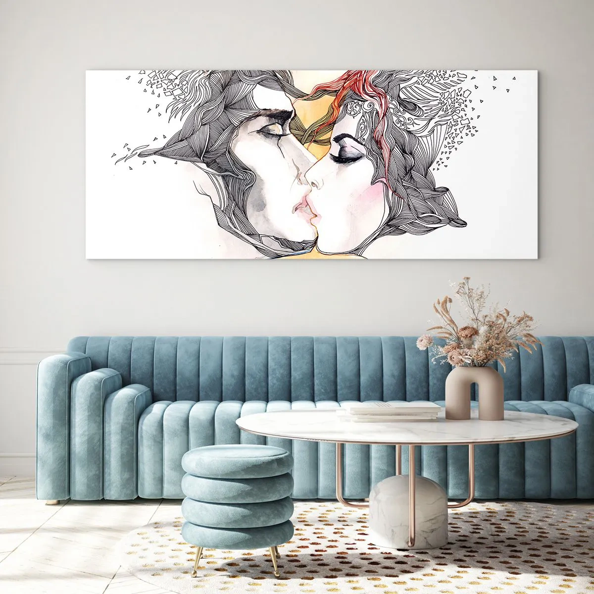 Impression sur verre - Image sur verre - Portrait artistique d'un couple avec des motifs de cheveux abstraits - 160x50cm - Le monde n'existe pas - Décoration murale moderne pour le salon et la chambre ARTTOR