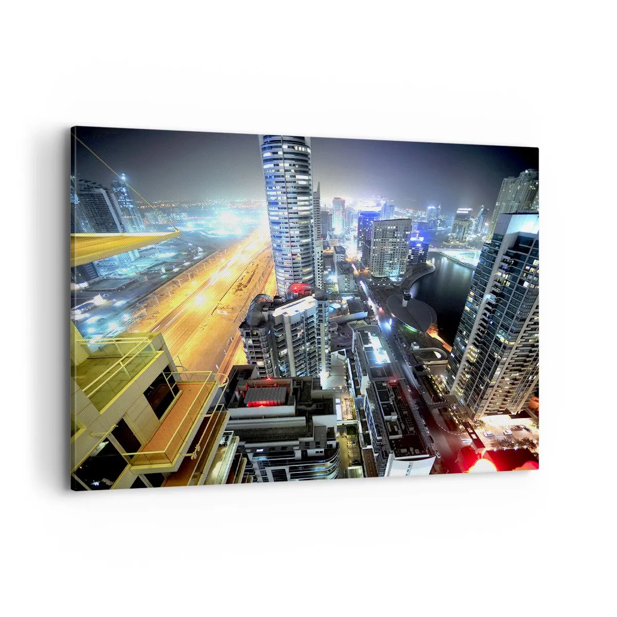 Impression sur toile - Image sur toile - Panorama de la ville nocturne avec des gratte-ciel illuminés - 100x70cm - Un miracle dans le désert - Décoration murale moderne pour le salon et la chambre ARTTOR