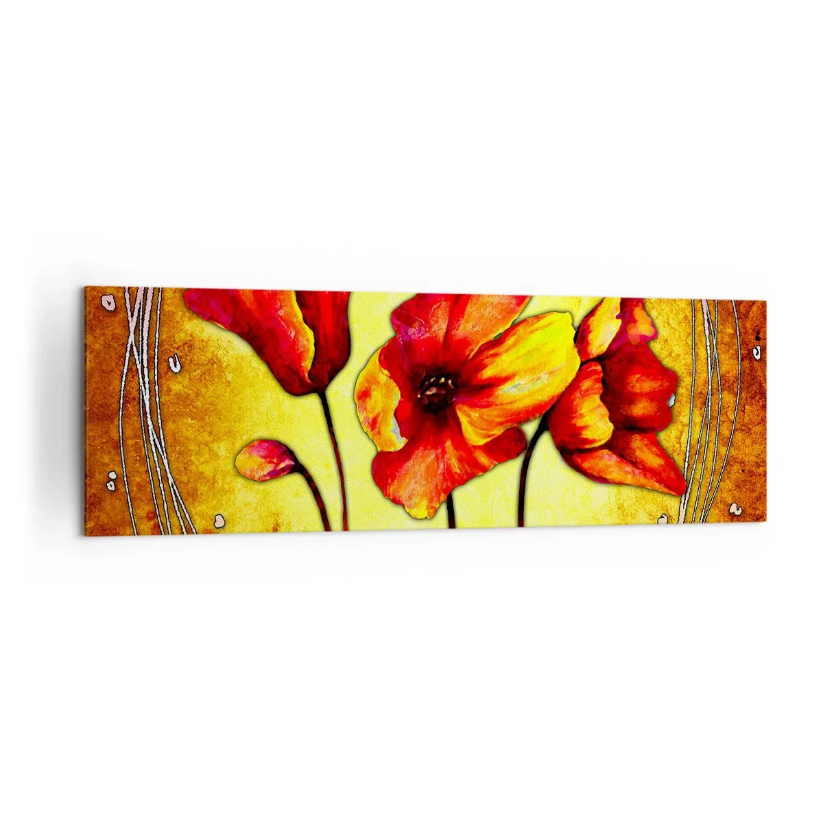 Impression sur toile - Image sur toile - Fleurs rouges et jaunes sur fond doré avec motifs décoratifs - 160x50cm - Dans la décoration Art Nouveau - Décoration murale moderne pour le salon et la chambre ARTTOR