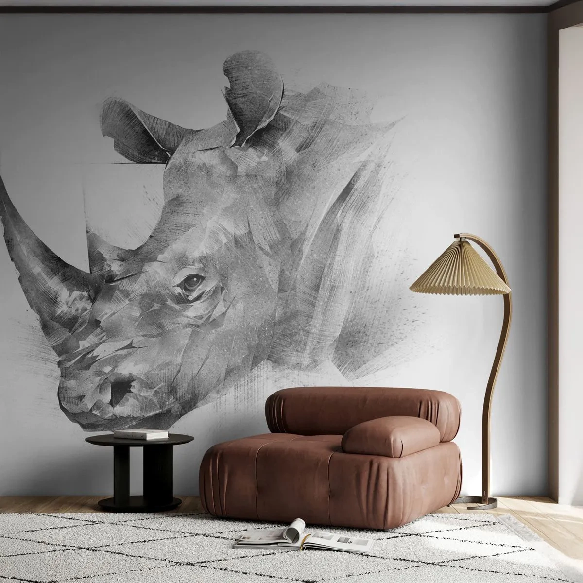 Papier Peint Photo Premium Sand - Dessin noir et blanc d'un rhinocéros dans un style artistique - 100x70cm - Potrait africain - Décoration murale moderne pour le salon et la chambre ARTTOR