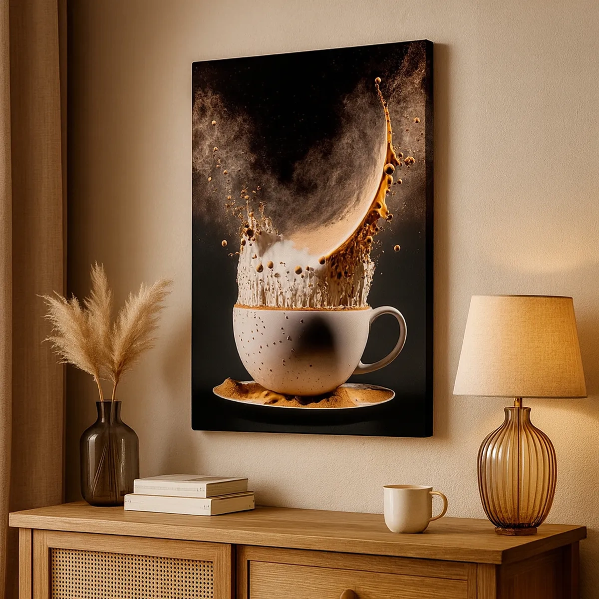 Impression sur toile - Image sur toile - Une tasse de café avec une explosion dynamique de liquide sur fond noir. - 50x70cm - Une explosion de saveur - Décoration murale moderne pour le salon et la chambre ARTTOR