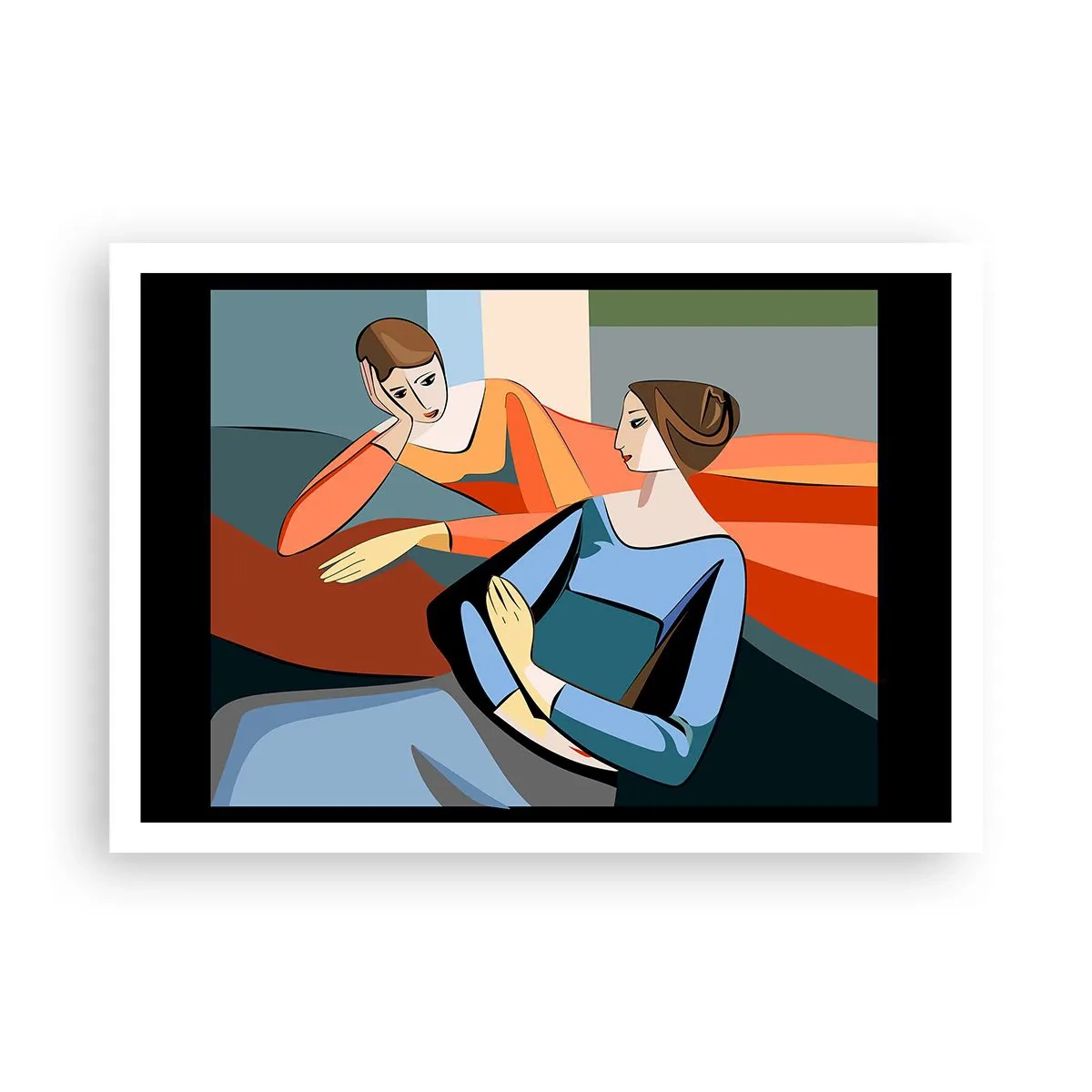 Affiche - Poster - Illustration abstraite de deux femmes dans le style cubiste - 100x70cm - Un moment de confiance - Décoration murale moderne pour le salon et la chambre ARTTOR