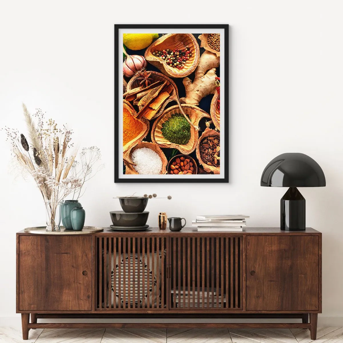 Affiche dans un cadre noir - Poster - Gros plan sur des épices dans des contenants naturels - 50x70cm - Prends ce que tu veux - Décoration murale moderne pour le salon et la chambre ARTTOR