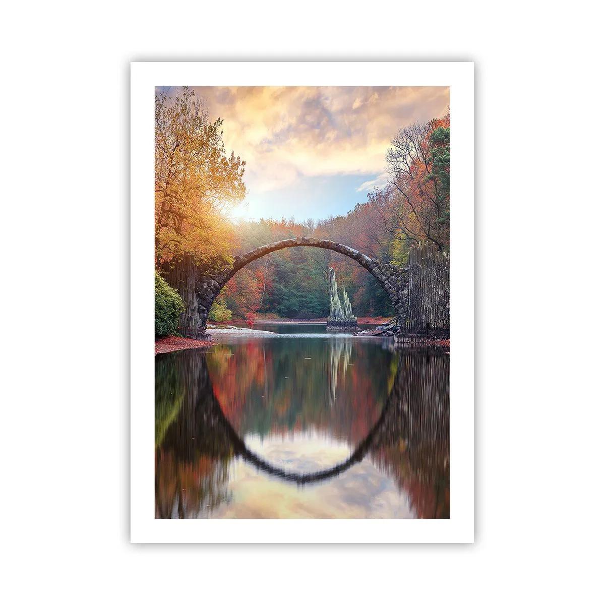 Affiche - Poster - Un pont de pierre sur un lac dans un paysage d'automne - 50x70cm - De l'autre cote du miroir - Décoration murale moderne pour le salon et la chambre ARTTOR