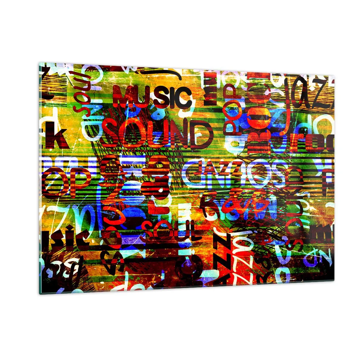 Impression sur verre - Image sur verre - Inscriptions colorées sur un fond de mosaïque artistique - 120x80cm - Toutes les nuances du son - Décoration murale moderne pour le salon et la chambre ARTTOR