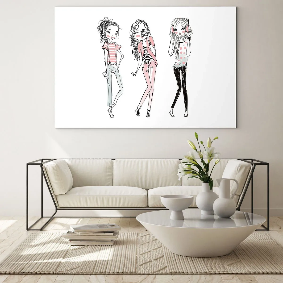Impression sur verre - Image sur verre - Trois filles élégantes aux couleurs pastel - 100x70cm - On va s'amuser - Décoration murale moderne pour le salon et la chambre ARTTOR