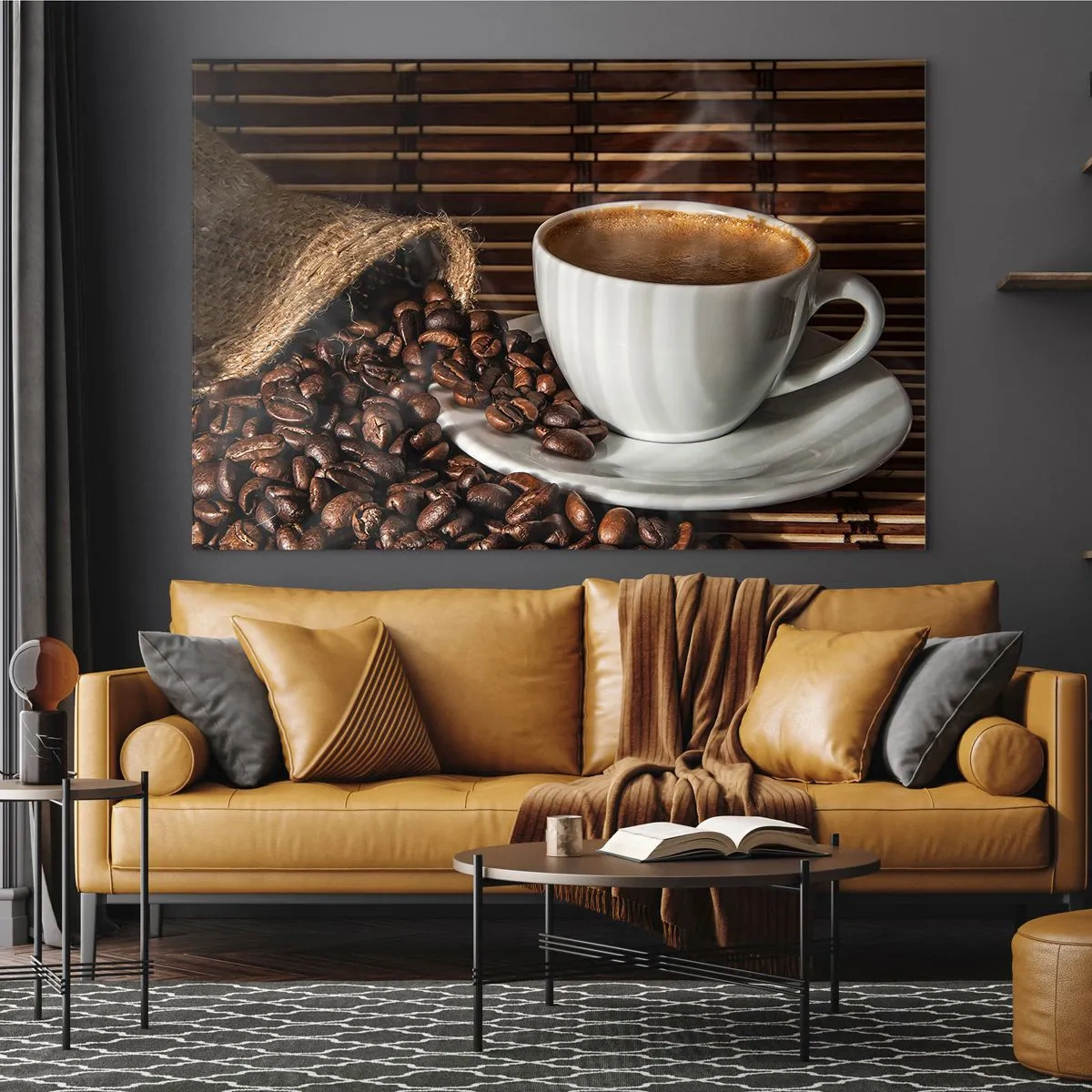 Impression sur verre - Image sur verre - Une tasse de café avec des grains sur un fond rustique - 70x50cm - La noirceur du charbon, la clarté de l'ambre - Décoration murale moderne pour le salon et la chambre ARTTOR