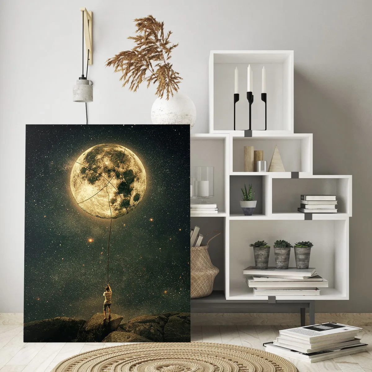 Impression sur verre - Image sur verre - L'homme avec la lune contre le ciel étoilé - 70x100cm - Celui qui a volé la lune - Décoration murale moderne pour le salon et la chambre ARTTOR