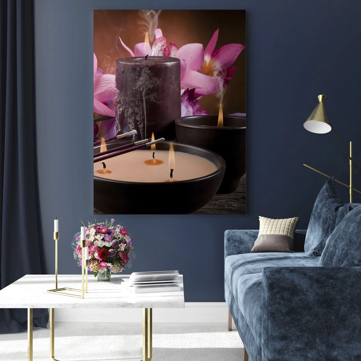 Impression sur verre - Image sur verre - Figurine de Bouddha avec bougies allumées et bâtons d'encens - 70x100cm - Vider l'esprit, calmer le corps - Décoration murale moderne pour le salon et la chambre ARTTOR