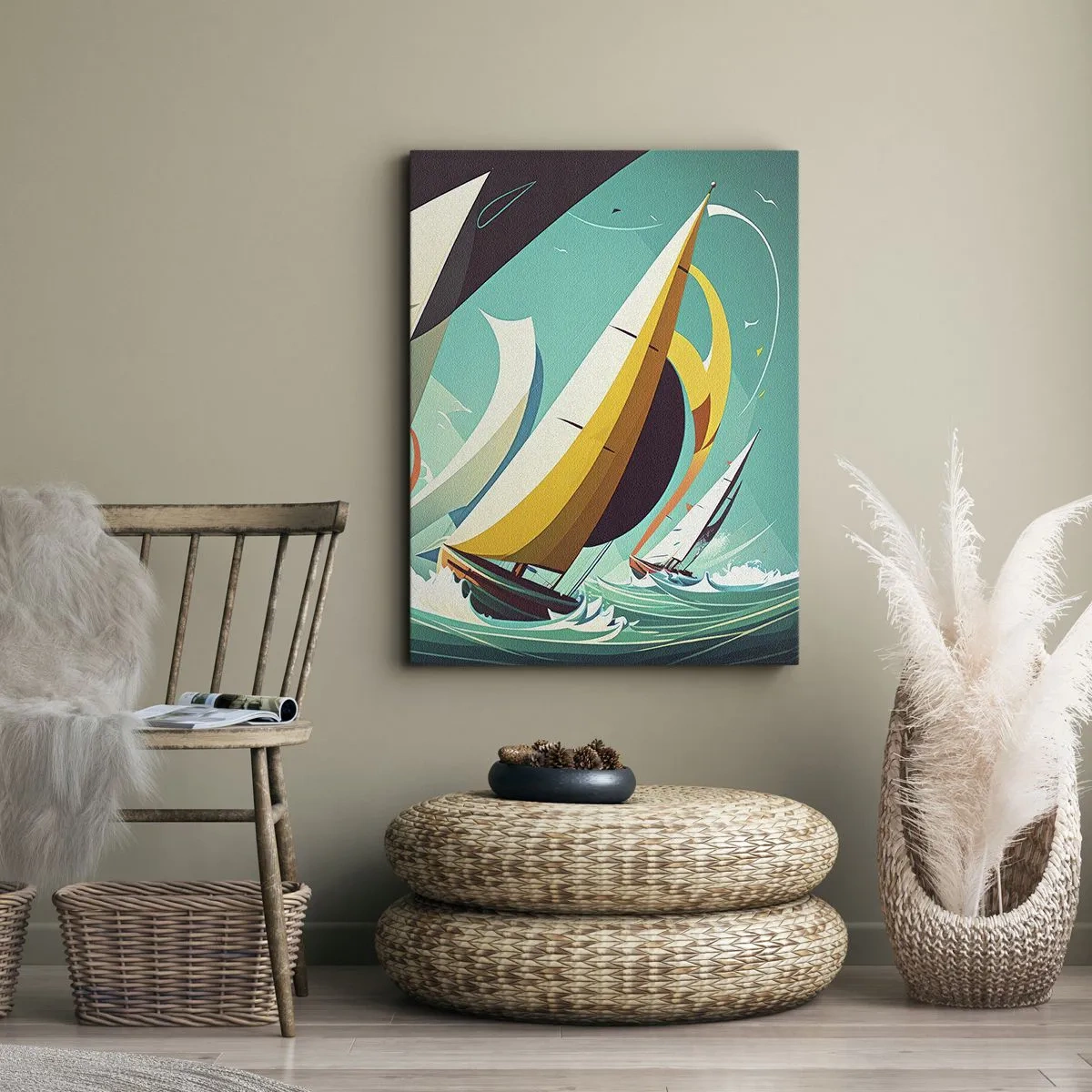 Impression sur toile - Image sur toile - Une illustration dynamique de voiliers dans une mer agitée. - 80x120cm - Bonne chance avec les éléments - Décoration murale moderne pour le salon et la chambre ARTTOR