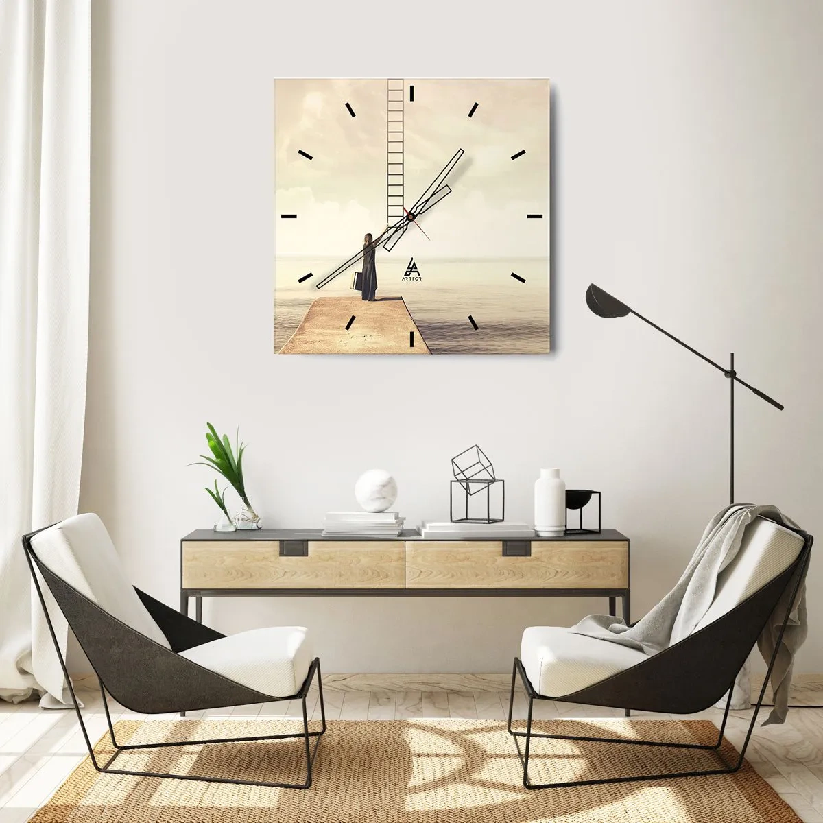 Horloge murale - Pendule murale - Une femme debout sur une jetée avec une échelle menant au ciel - 30x30cm - Voyage magique - Décoration murale moderne pour le salon et la chambre ARTTOR