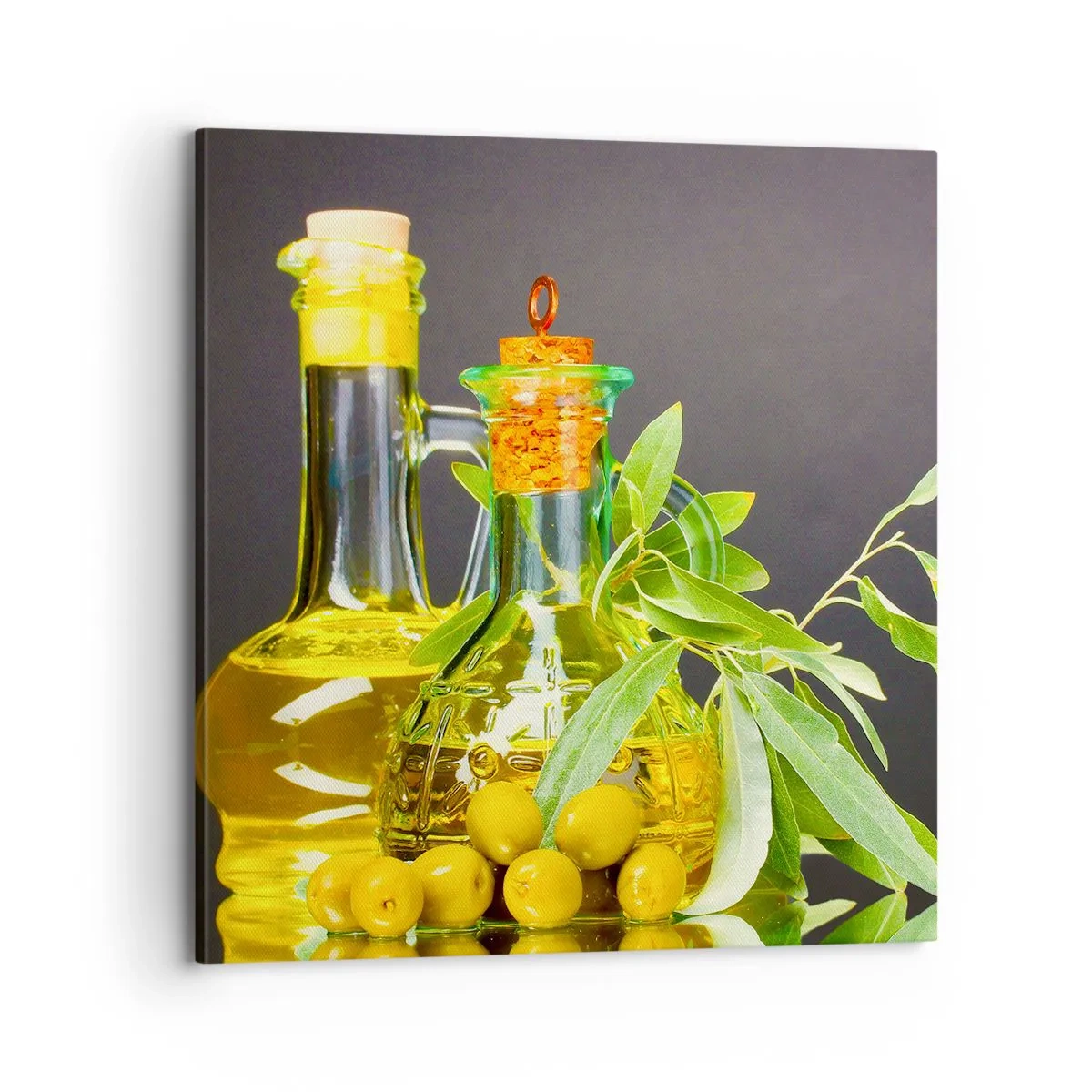 Impression sur toile - Image sur toile - Nature morte aux olives et à l'huile d'olive - 70x70 cm