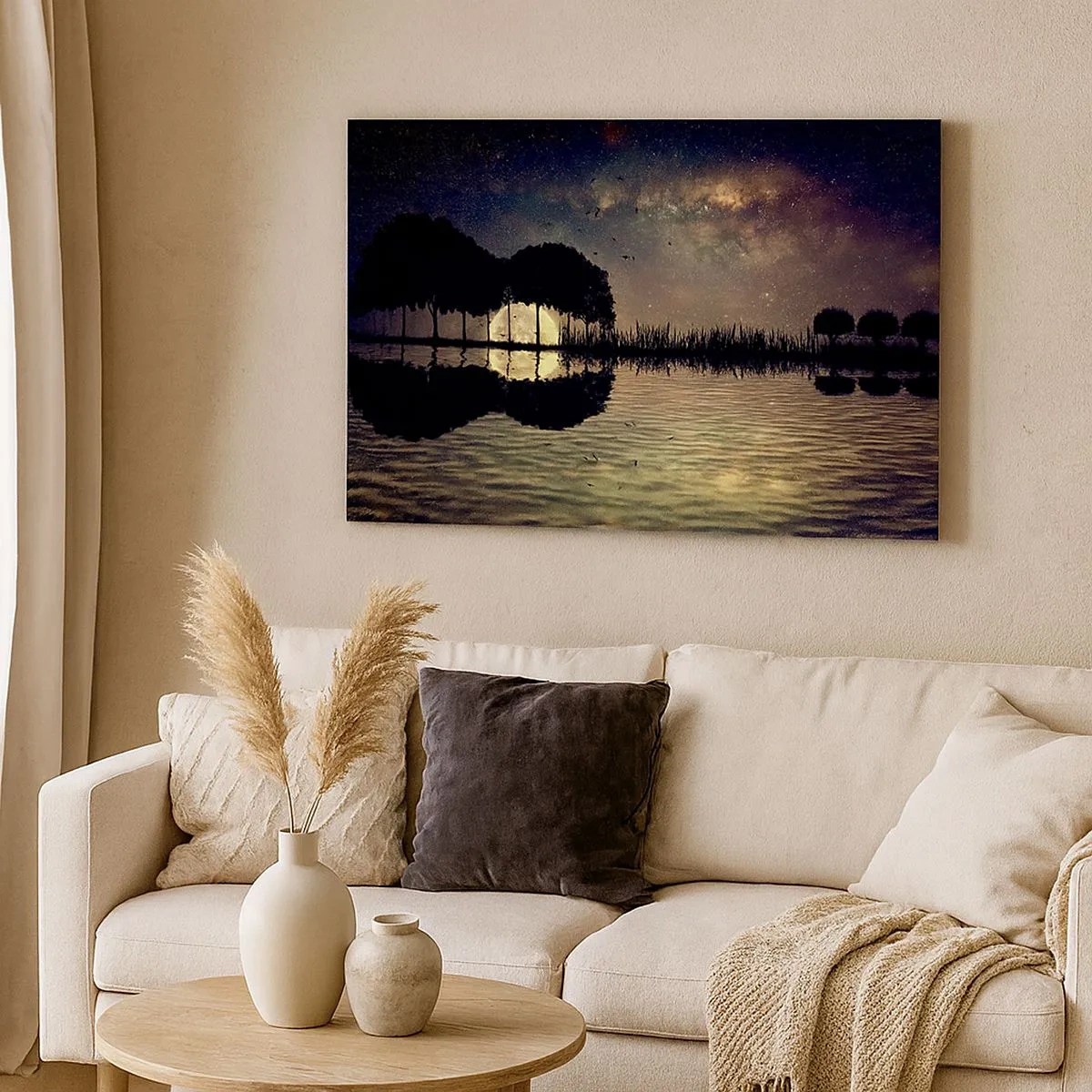 Impression sur toile - Image sur toile - Une nuit magique avec des arbres et la lune se reflétant sur l'eau - 70x50cm - Nuit au bout du monde - Décoration murale moderne pour le salon et la chambre ARTTOR