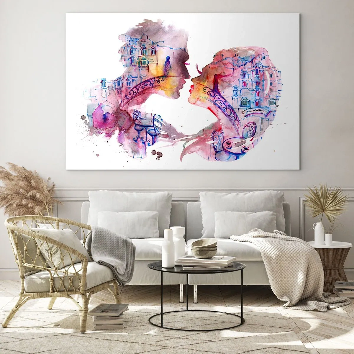 Impression sur verre - Image sur verre - Illustration d'un portrait abstrait de deux personnes en forme de cœur - 120x80cm - Le pont secret des soupirs - Décoration murale moderne pour le salon et la chambre ARTTOR