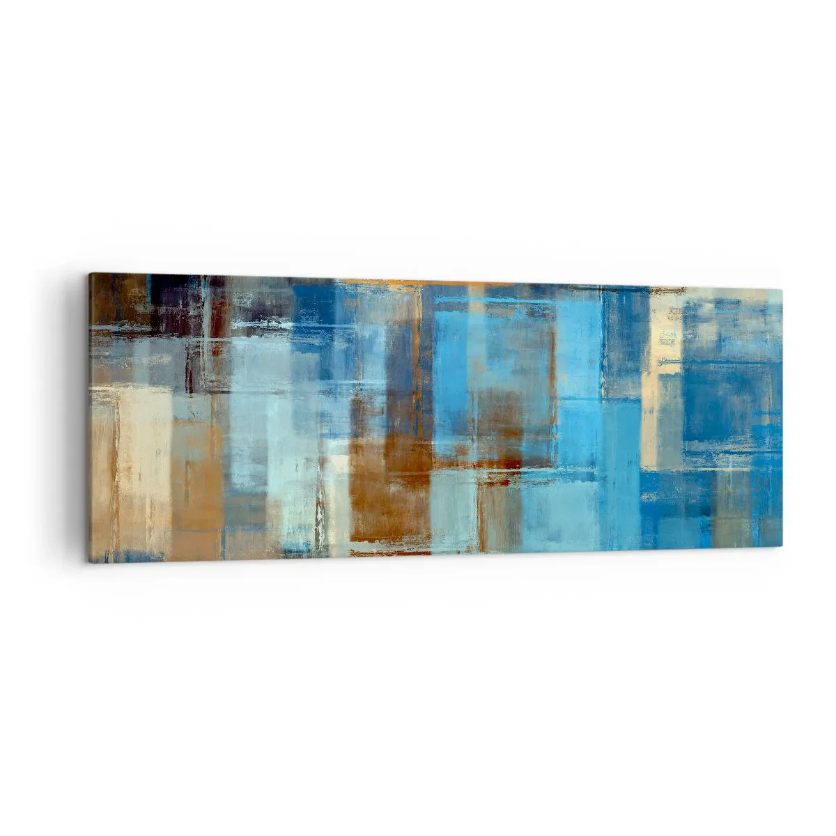 Impression sur toile - Image sur toile - Composition géométrique abstraite dans les tons de bleu et de marron - 140x50cm - A travers le voile bleu - Décoration murale moderne pour le salon et la chambre ARTTOR
