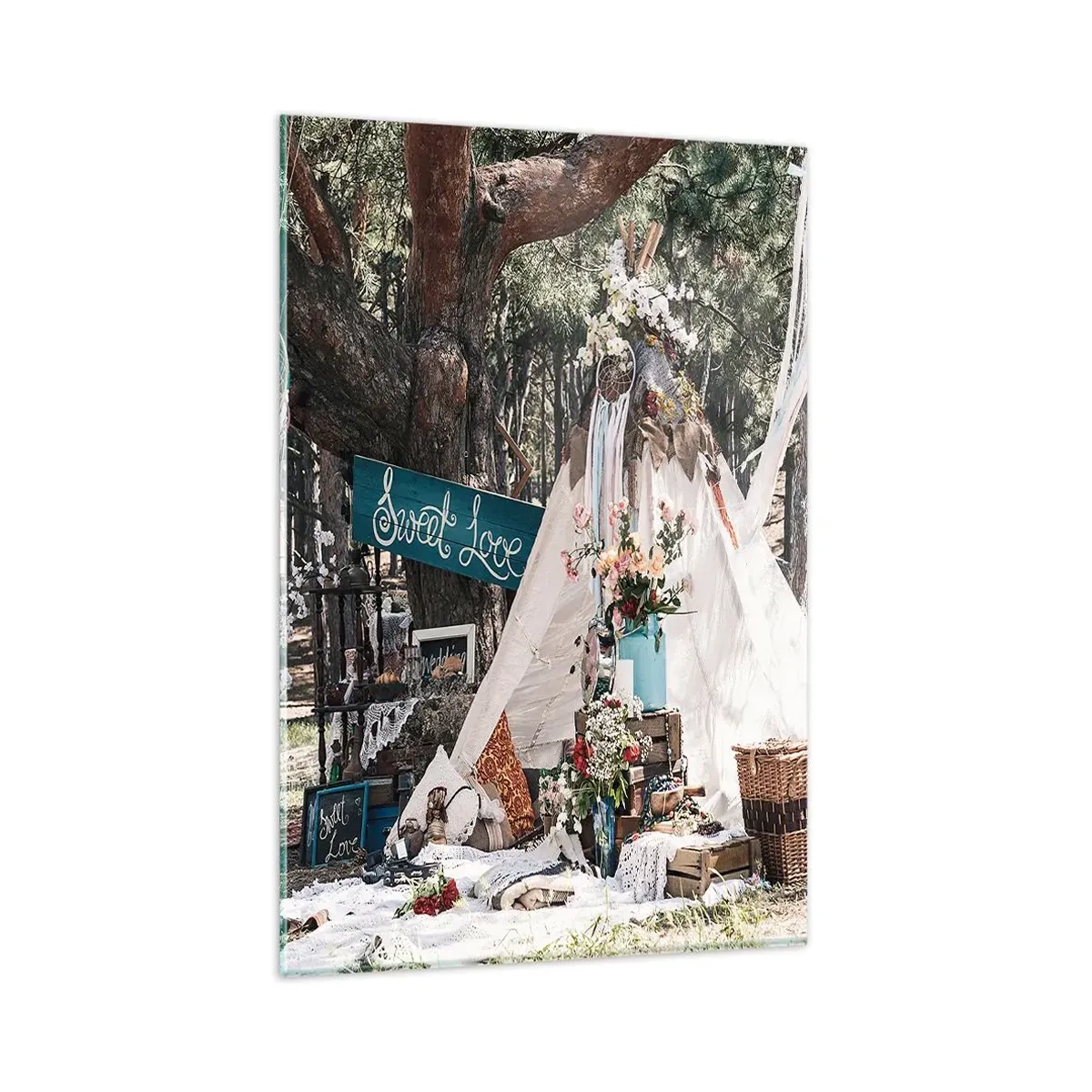 Impression sur verre - Image sur verre - Décoration bohème avec un tipi dans la forêt - 80x120cm - Make love… - Décoration murale moderne pour le salon et la chambre ARTTOR