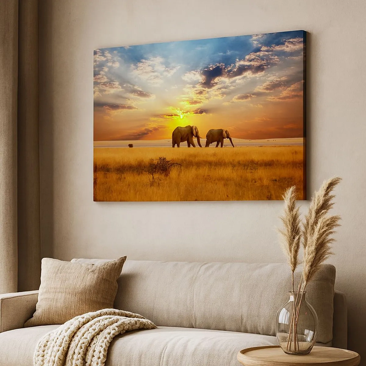 Impression sur toile - Image sur toile - Éléphants dans la savane au coucher du soleil - 70x50cm - Déambulation familliale - Décoration murale moderne pour le salon et la chambre ARTTOR