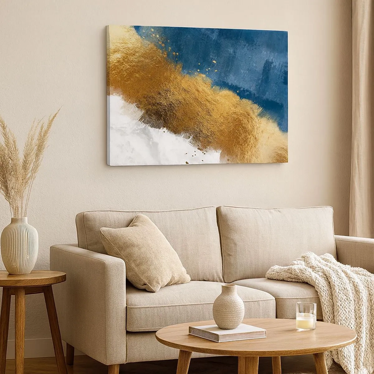 Impression sur toile - Image sur toile - Une composition abstraite dans des tons d'or, de bleu et de blanc. - 70x50cm - Les couleurs de l’été - Décoration murale moderne pour le salon et la chambre ARTTOR