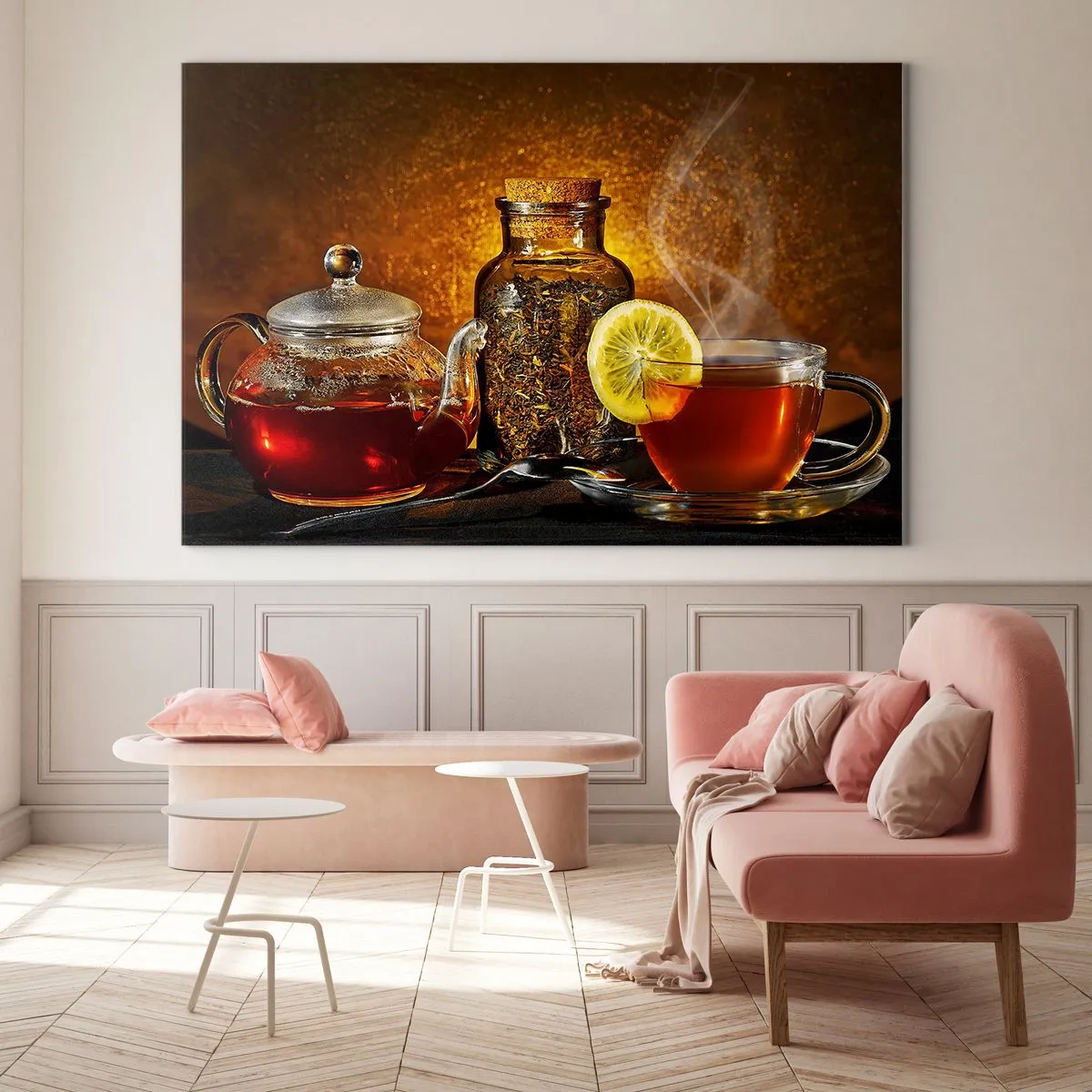 Impression sur verre - Image sur verre - Une théière en verre et une tasse de thé au citron - 70x50cm - Dans le style des maîtres hollandais - Décoration murale moderne pour le salon et la chambre ARTTOR