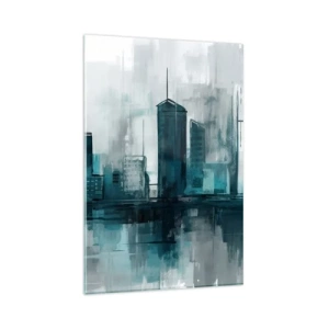 Impression sur verre - Image sur verre - Une ville moderne aux tons turquoise et gris - 80x120cm - Une ville couleur de pluie - Décoration murale moderne pour le salon et la chambre ARTTOR