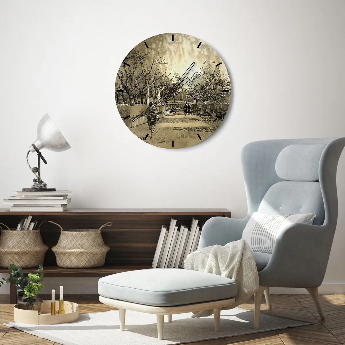 Horloge murale - Pendule murale - Croquis d'une promenade dans un parc avec des sentiers et des arbres - 30x30cm - Un moment arrêté avec une plume - Décoration murale moderne pour le salon, la cuisine et la chambre ARTTOR